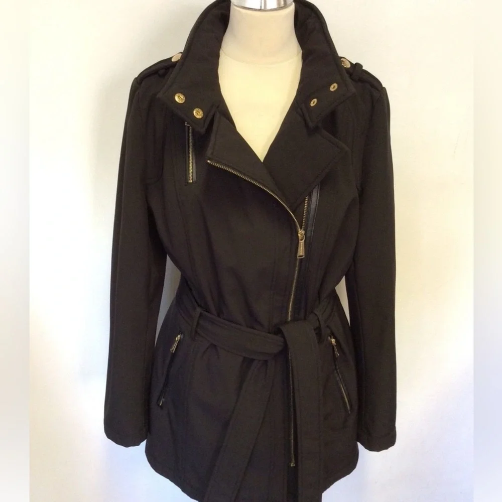 Michael Kors Black Belted Trench Coat Asymmetrical Zip Gold Hardware Small